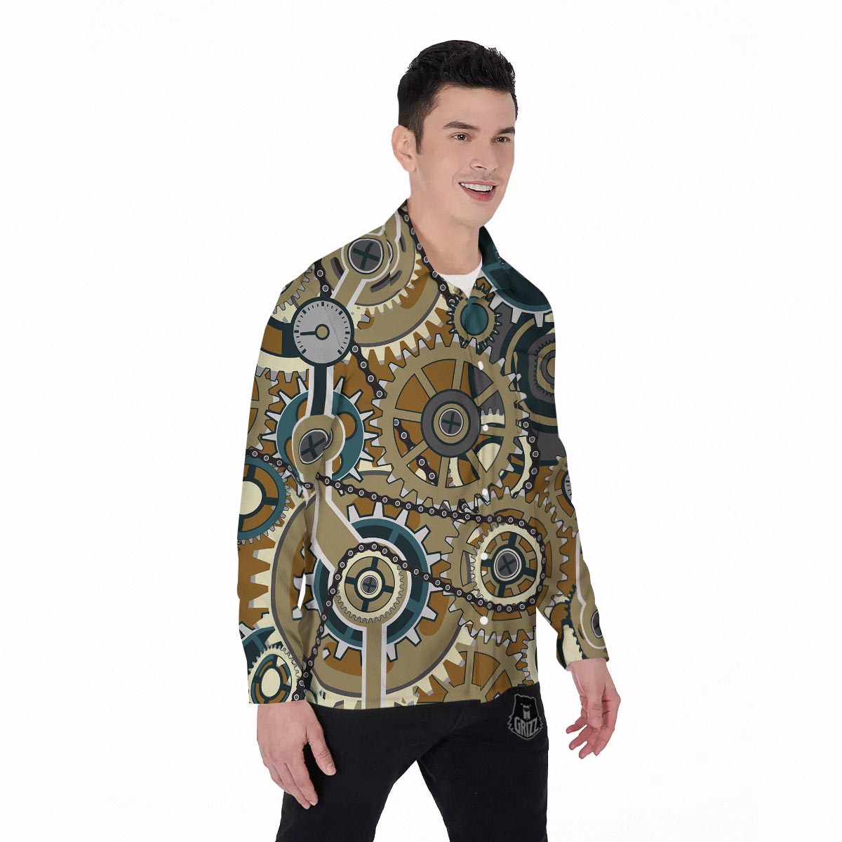 Cogwheels Steampunk Print Men's Long Sleeve Shirts-grizzshop