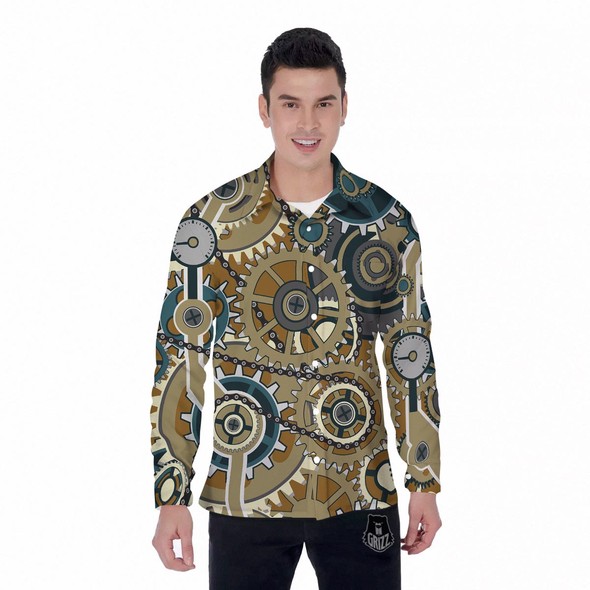 Cogwheels Steampunk Print Men's Long Sleeve Shirts-grizzshop