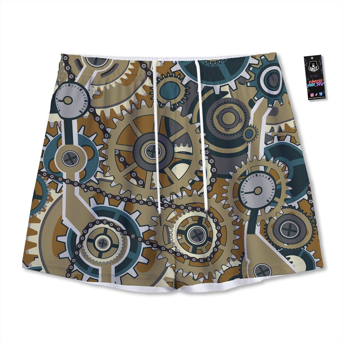 Cogwheels Steampunk Print Mesh Shorts