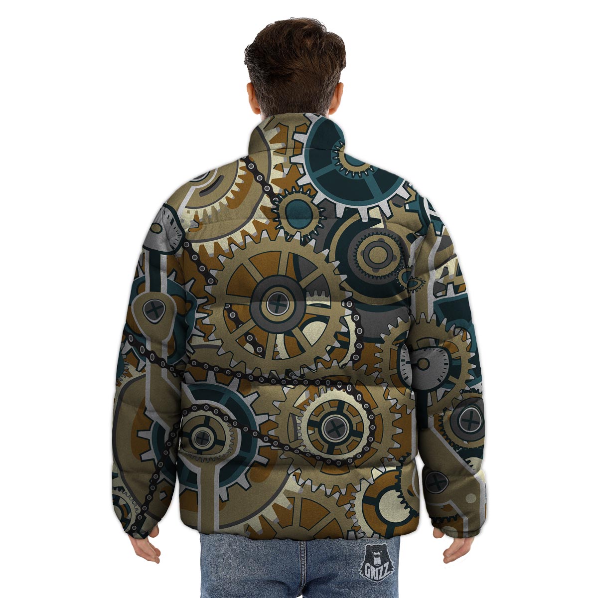 Cogwheels Steampunk Print Puffer Jacket-grizzshop