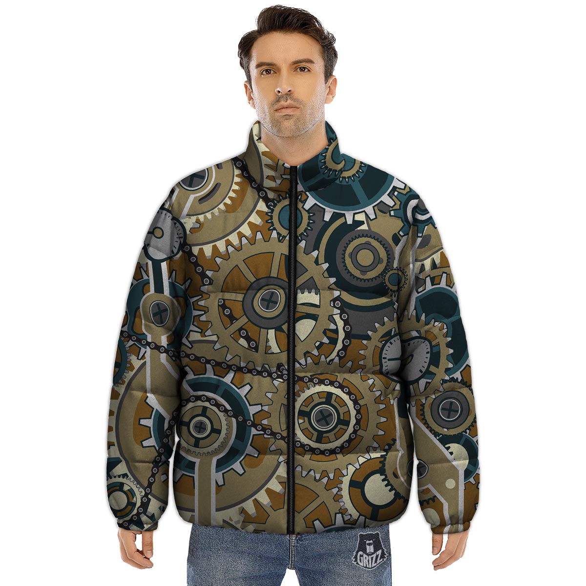 Cogwheels Steampunk Print Puffer Jacket-grizzshop