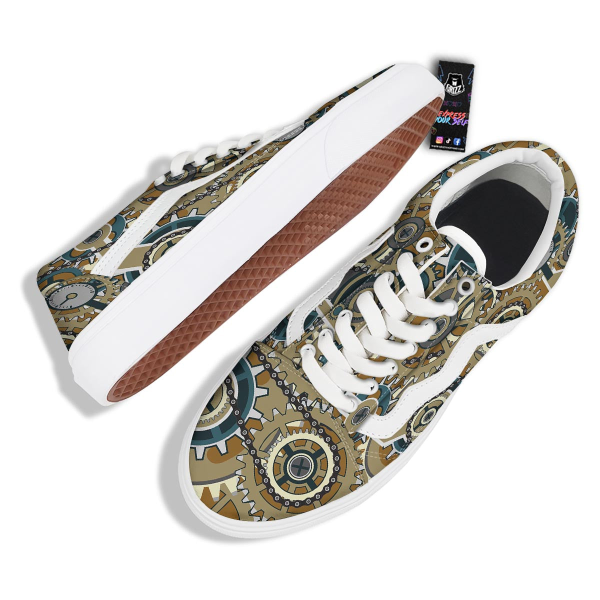 Cogwheels Steampunk Print Skate Shoes-grizzshop
