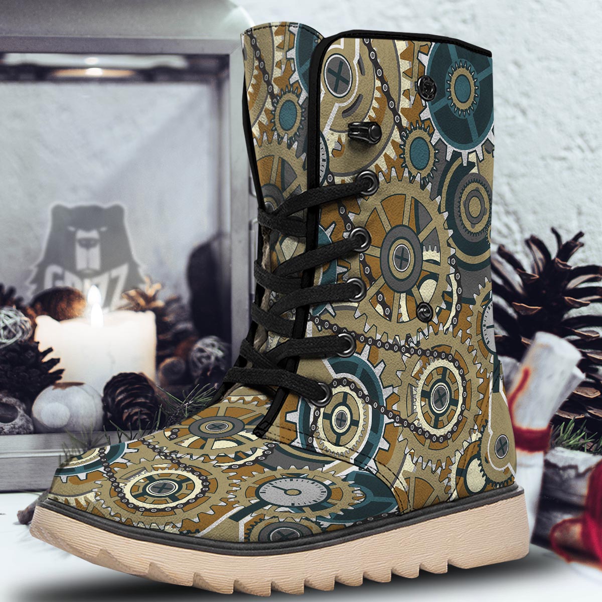 Cogwheels Steampunk Print Snow Boots-grizzshop