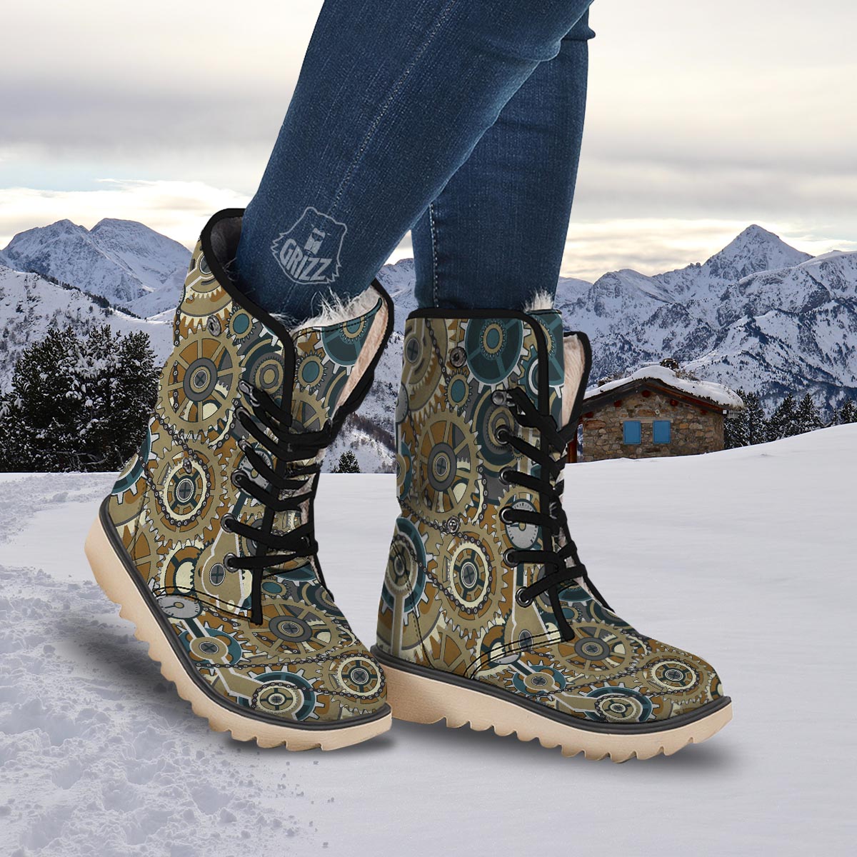 Cogwheels Steampunk Print Snow Boots-grizzshop