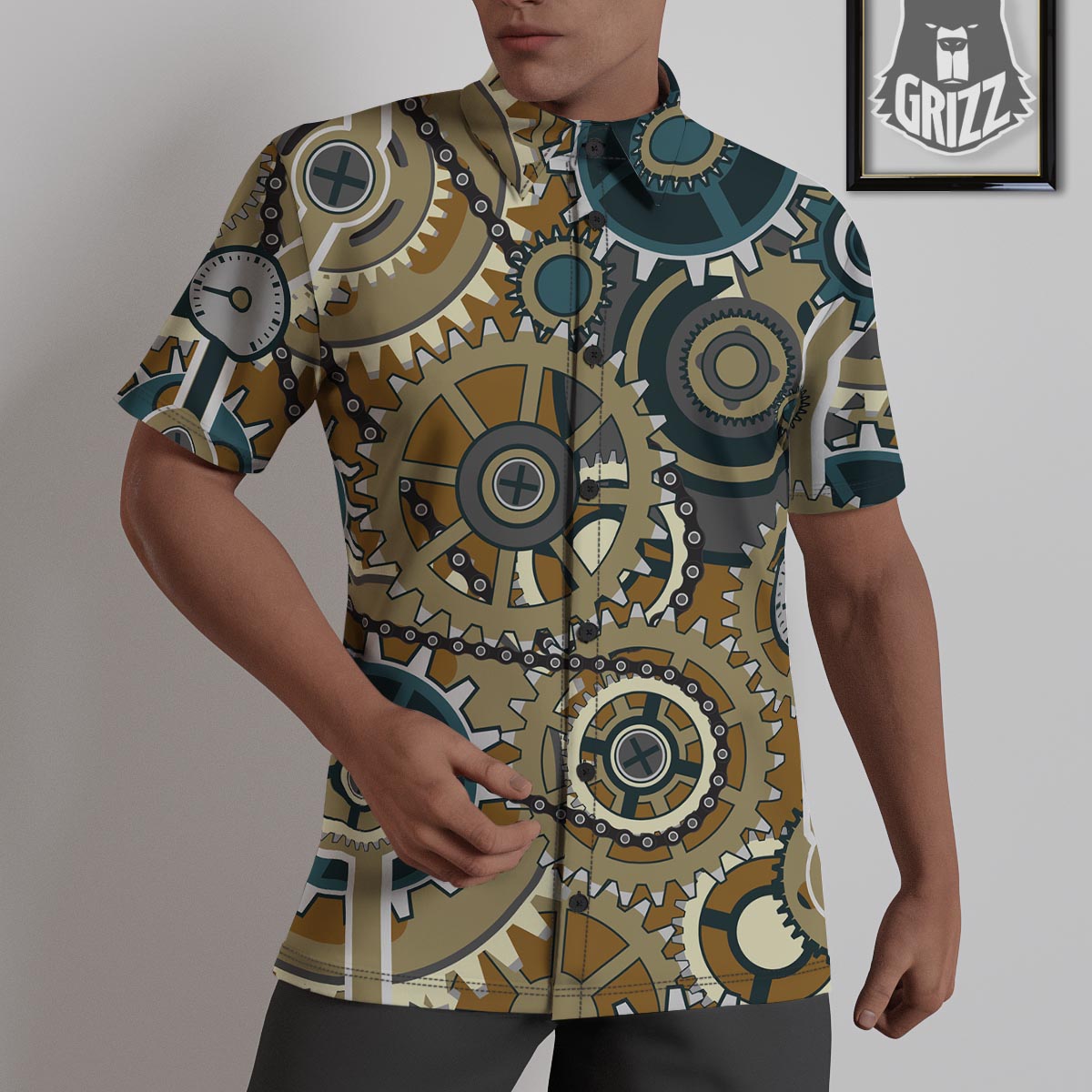 Cogwheels Steampunk Print Untucked Shirts-grizzshop