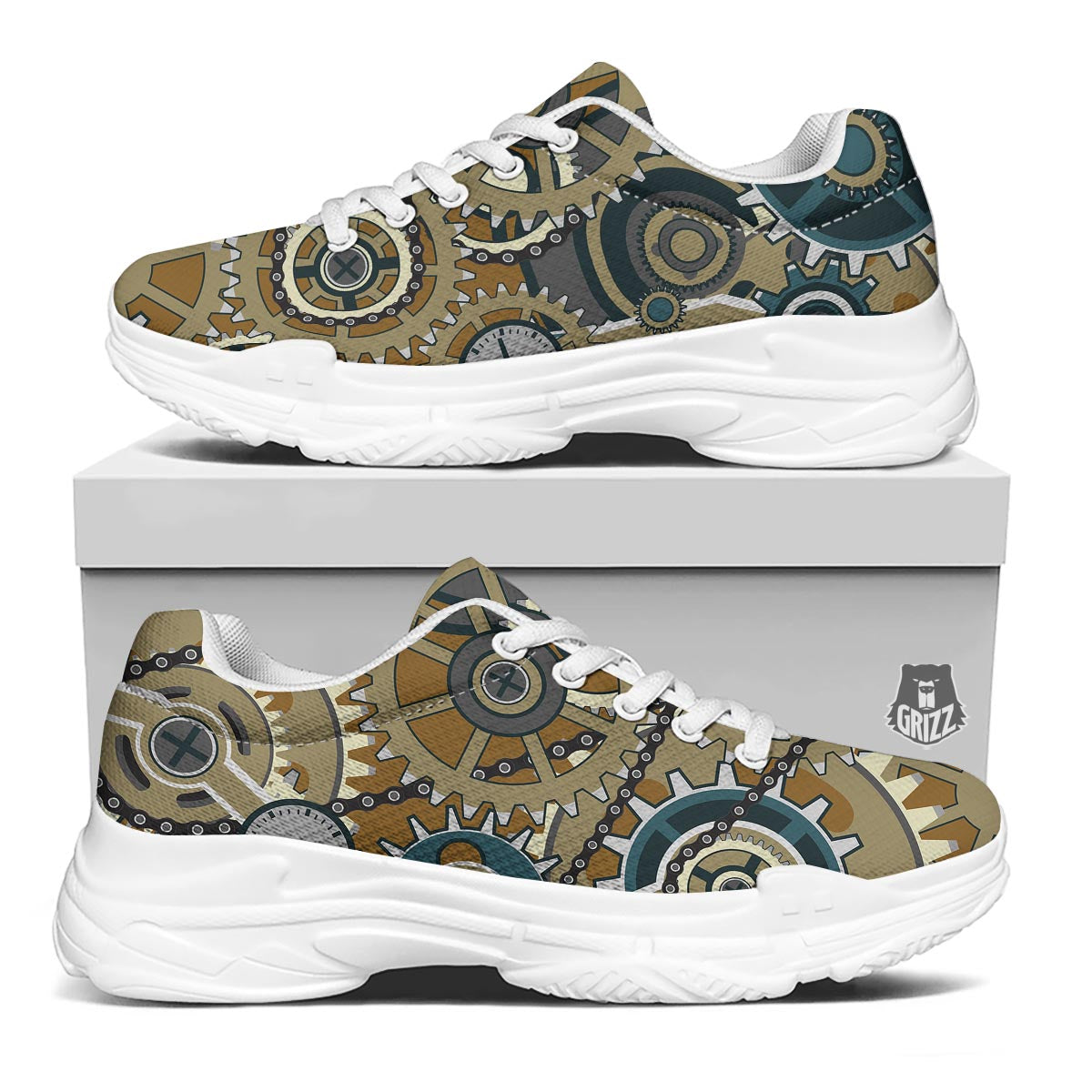 Cogwheels Steampunk Print White Chunky Shoes-grizzshop