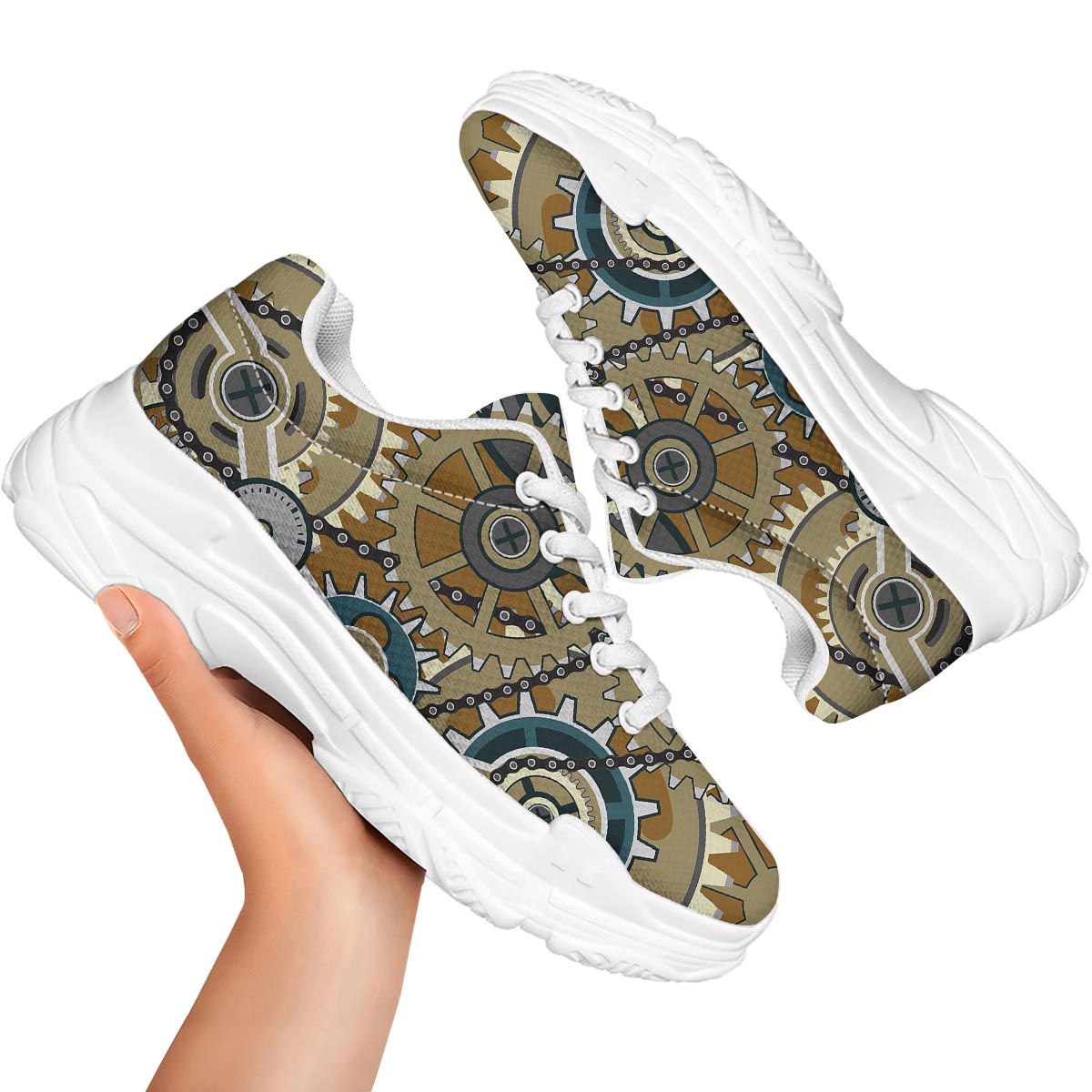 Cogwheels Steampunk Print White Chunky Shoes-grizzshop