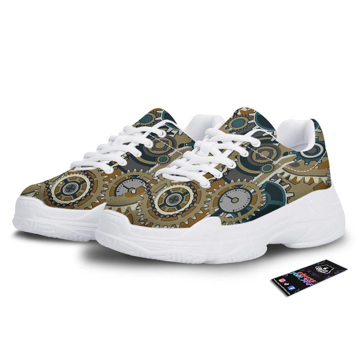Cogwheels Steampunk Print White Chunky Shoes-grizzshop