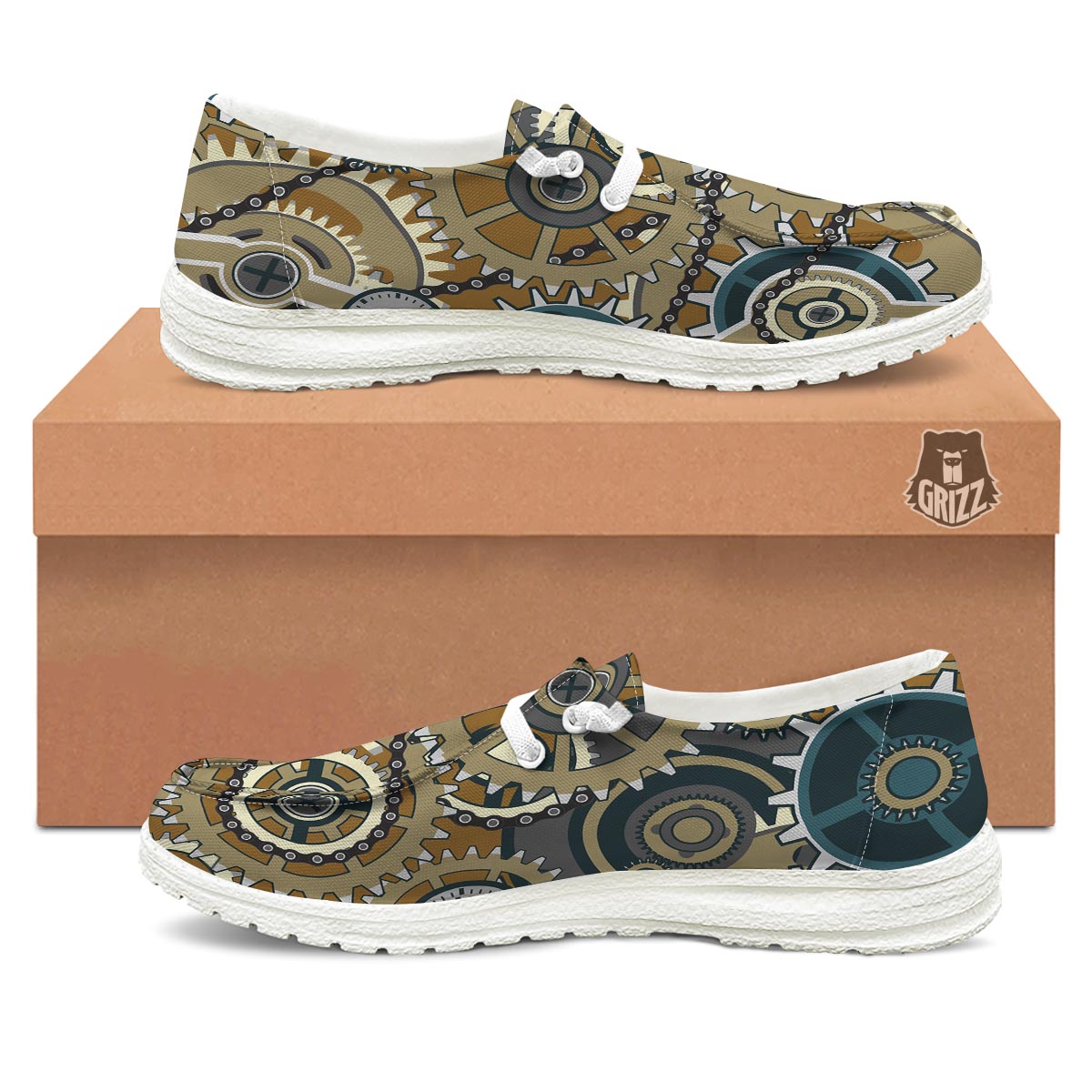 Cogwheels Steampunk Print White Loafers-grizzshop