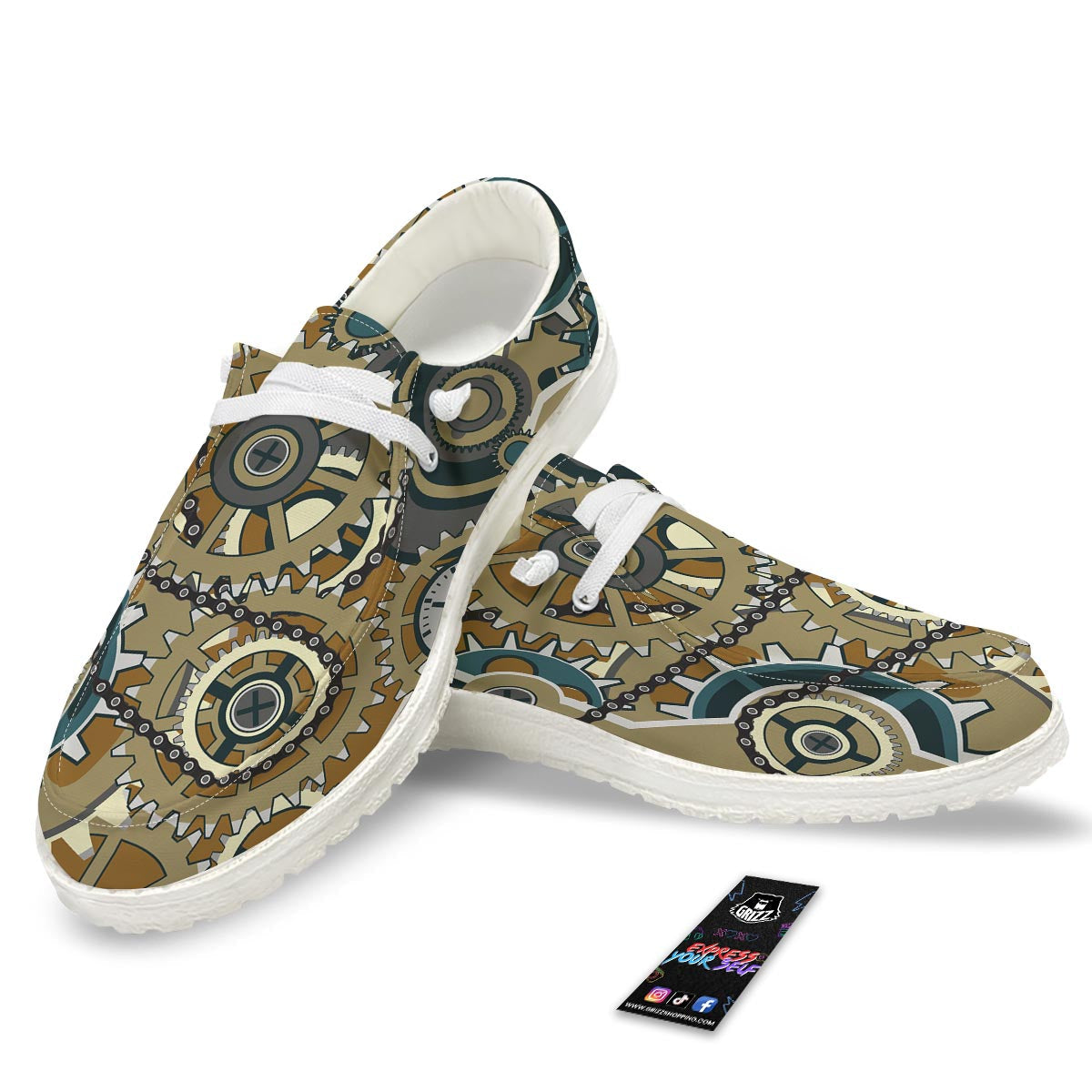 Cogwheels Steampunk Print White Loafers-grizzshop