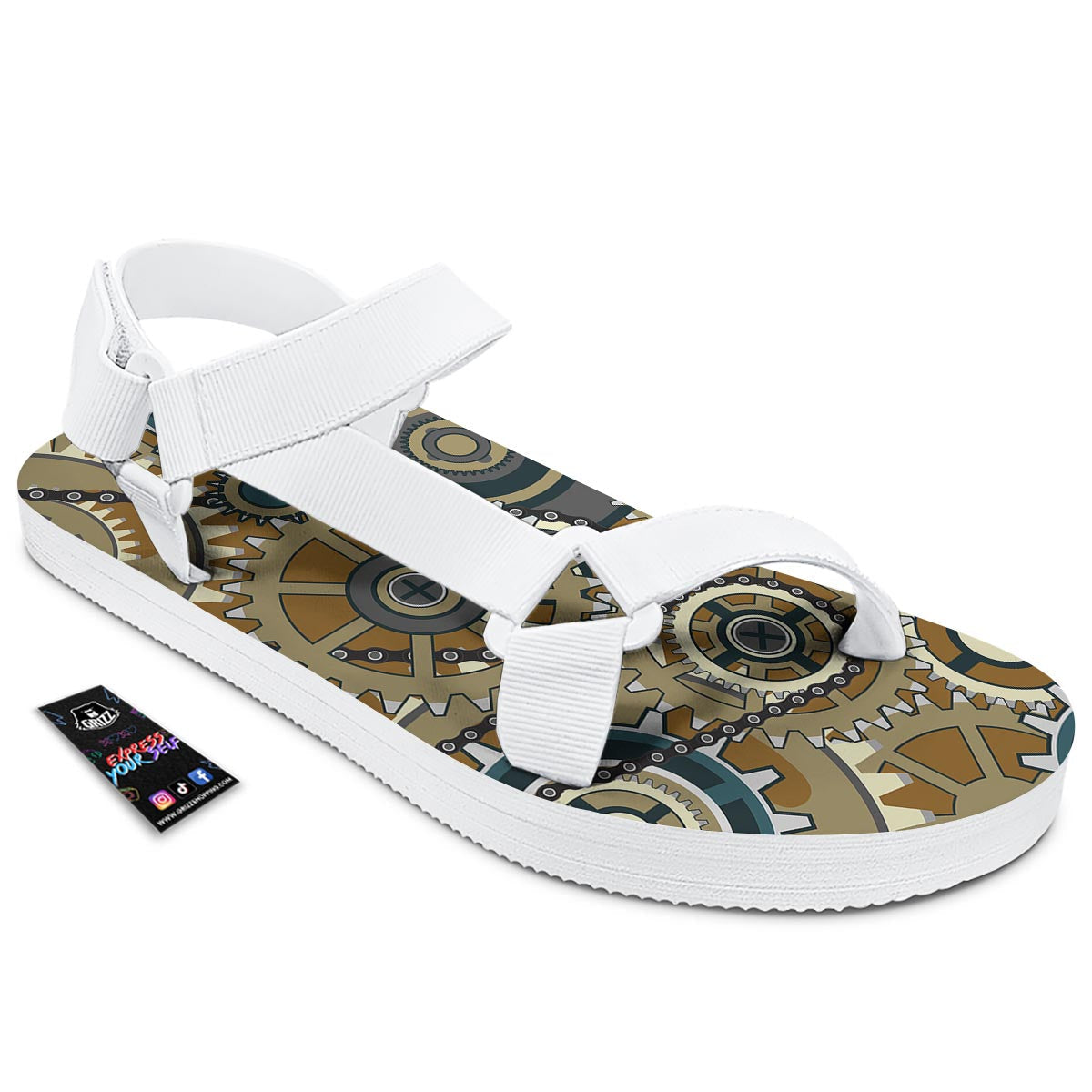 Cogwheels Steampunk Print White Open Toe Sandals-grizzshop