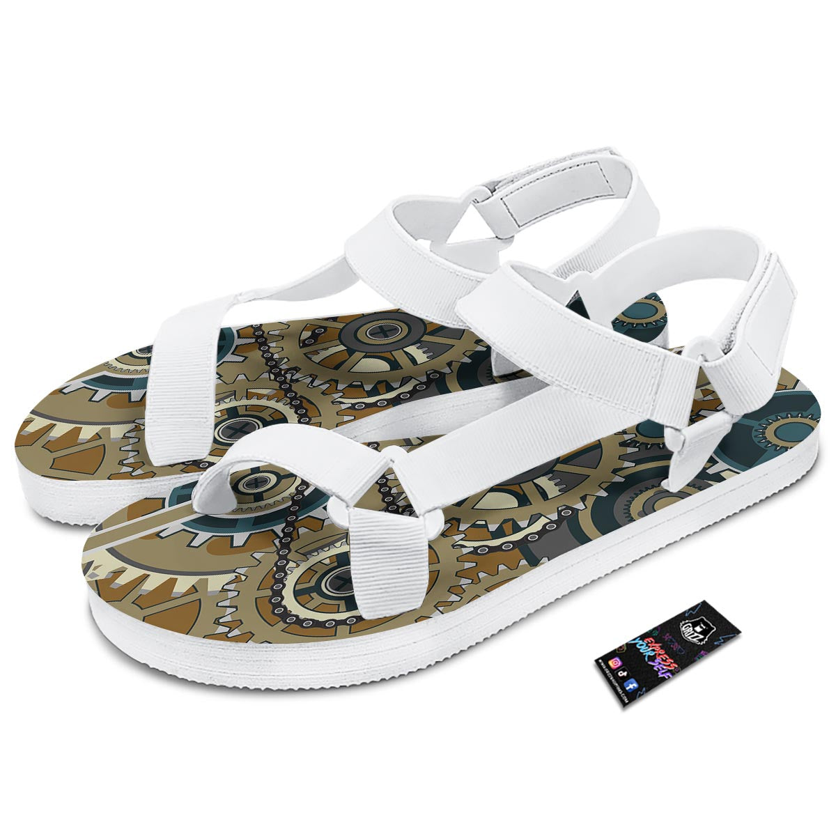 Cogwheels Steampunk Print White Open Toe Sandals-grizzshop