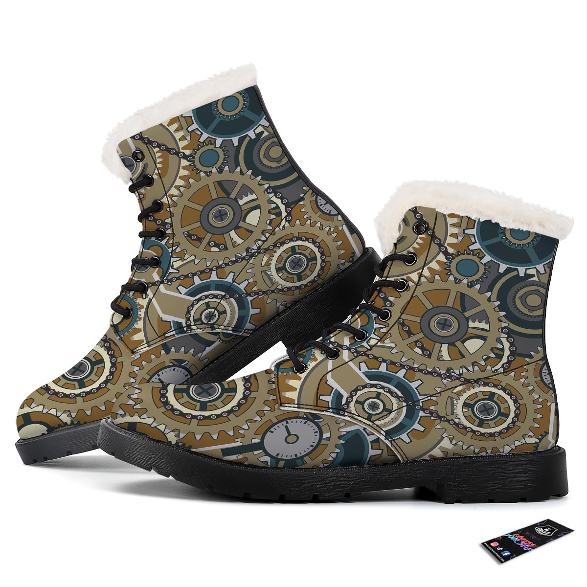 Cogwheels Steampunk Print Winter Boots-grizzshop