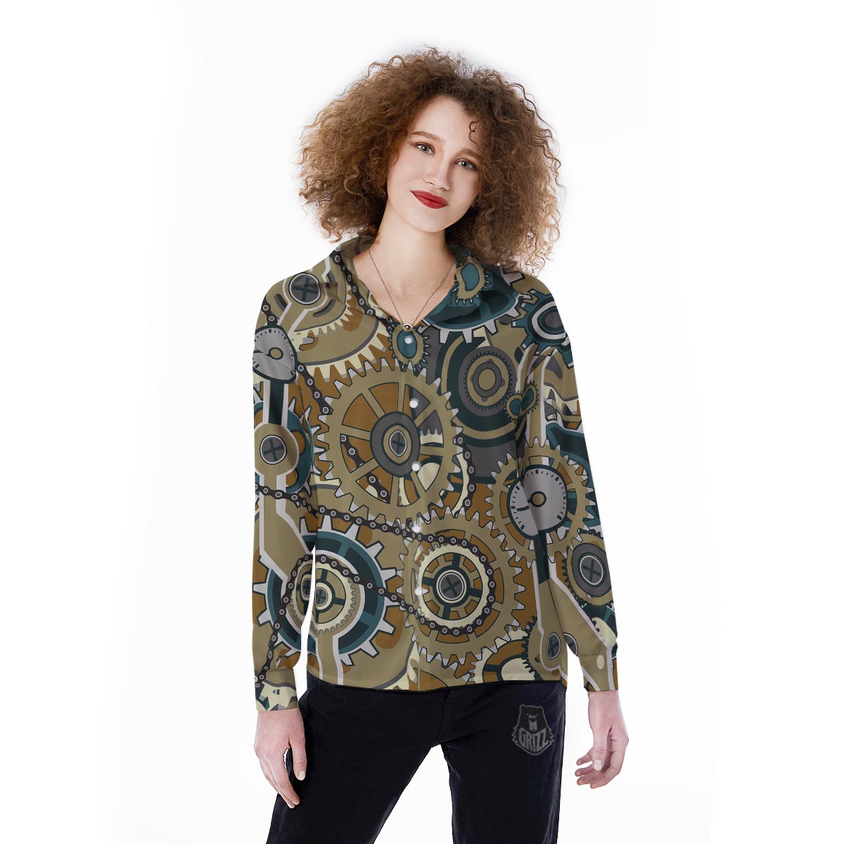 Cogwheels Steampunk Print Women's Long Sleeve Shirts-grizzshop