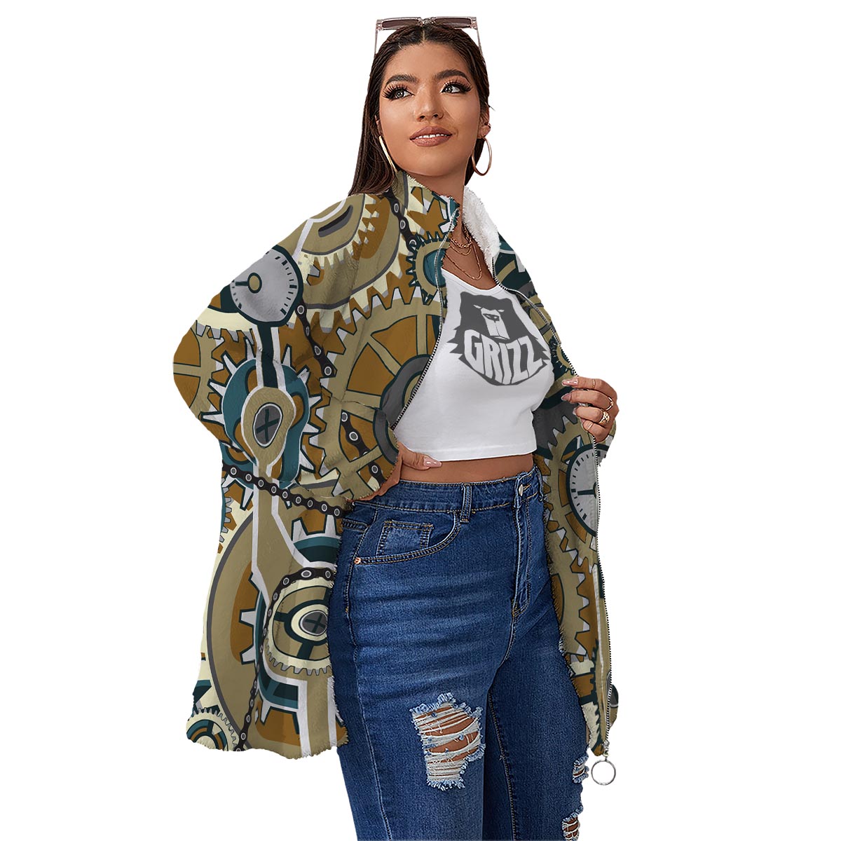 Cogwheels Steampunk Print Women's Sherpa Jacket-grizzshop
