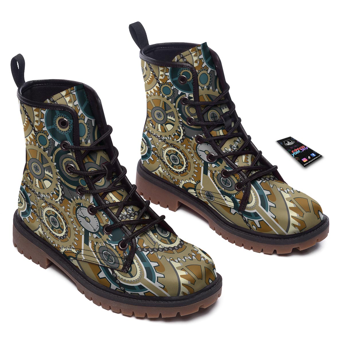 Cogwheels Steampunk Print Work Boots-grizzshop