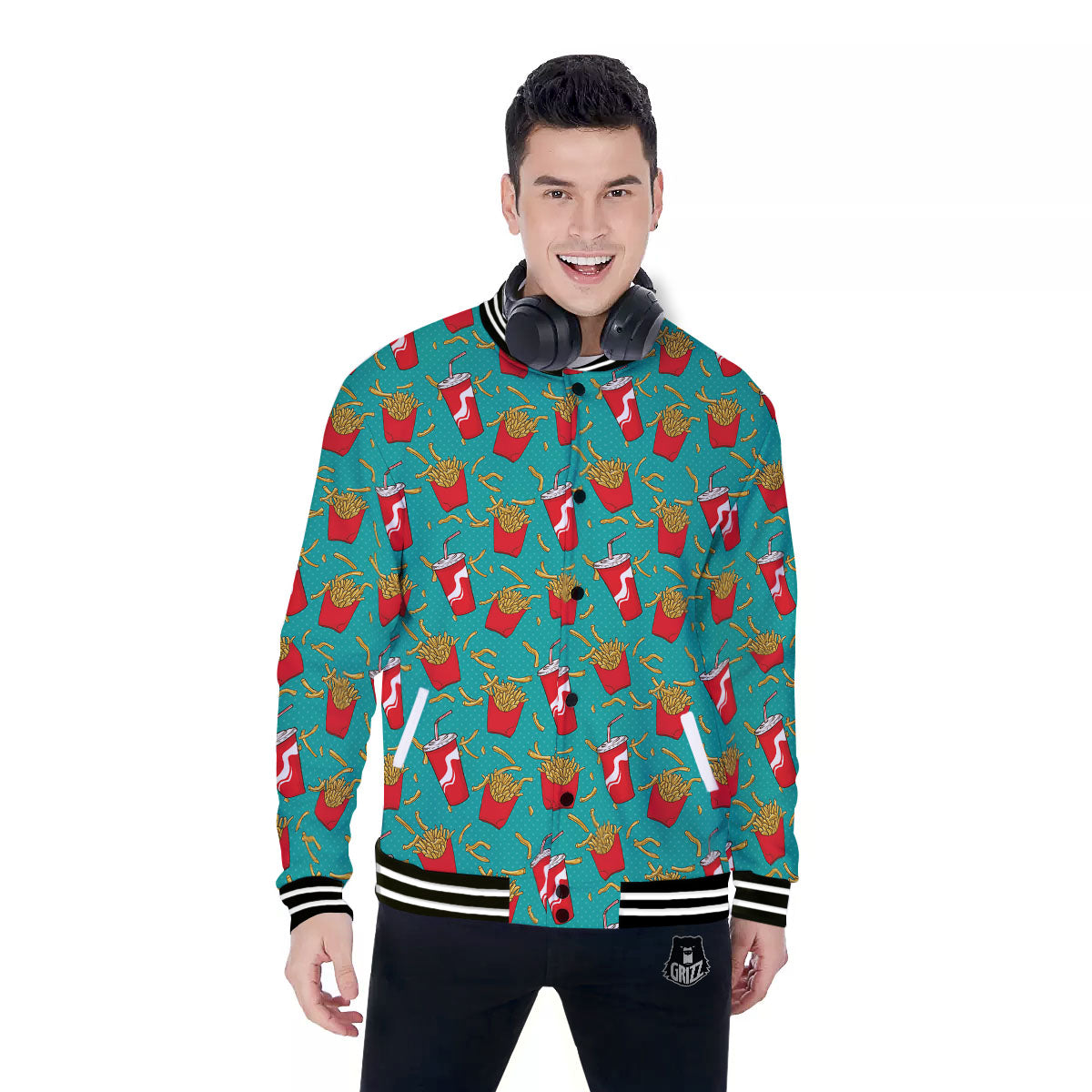 Cola And French Fries Print Pattern Baseball Jacket-grizzshop
