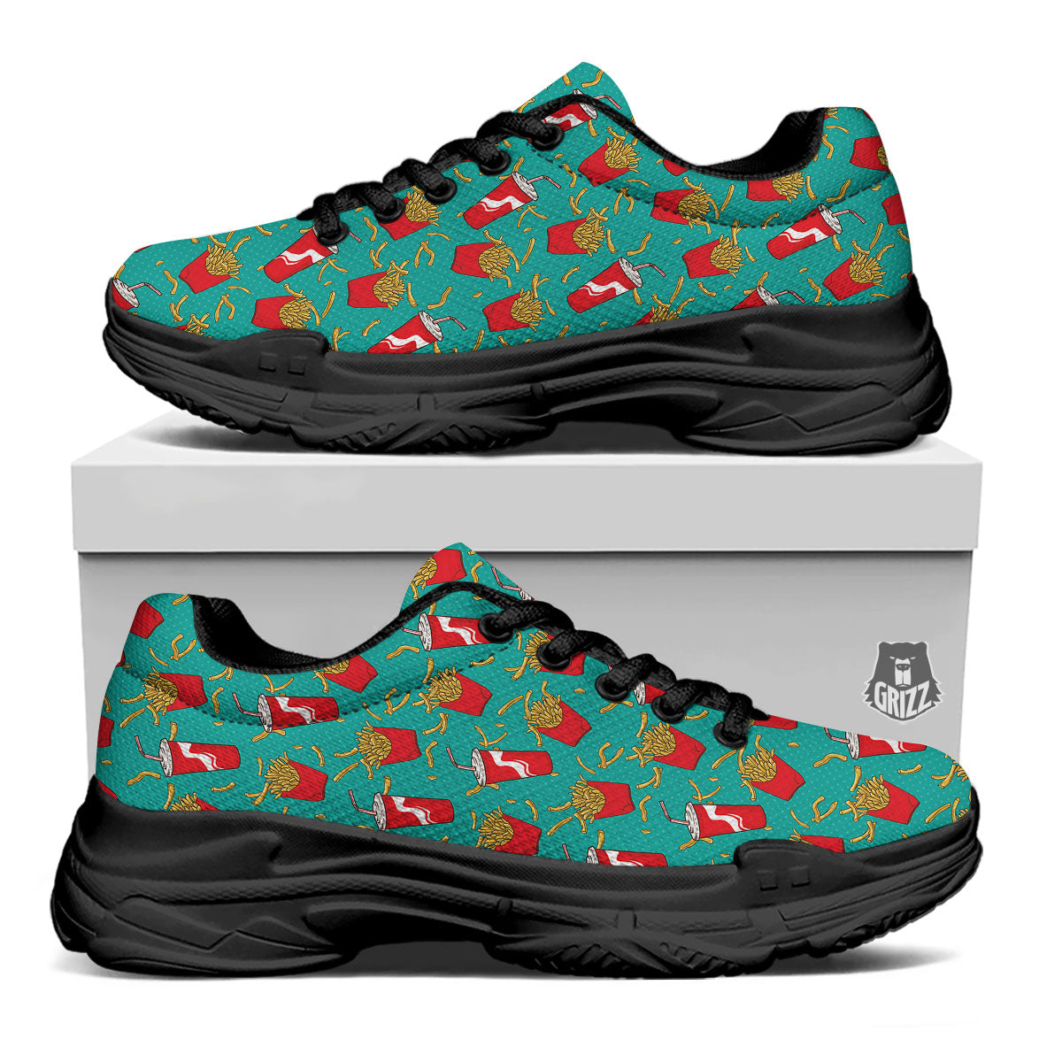 Cola And French Fries Print Pattern Black Chunky Shoes-grizzshop