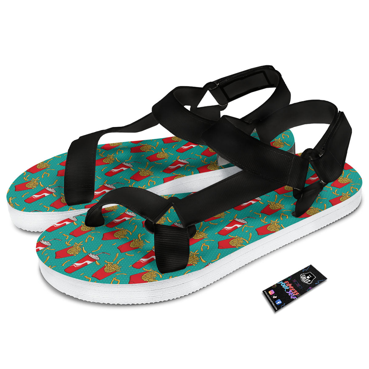 Cola And French Fries Print Pattern Black Open Toe Sandals-grizzshop