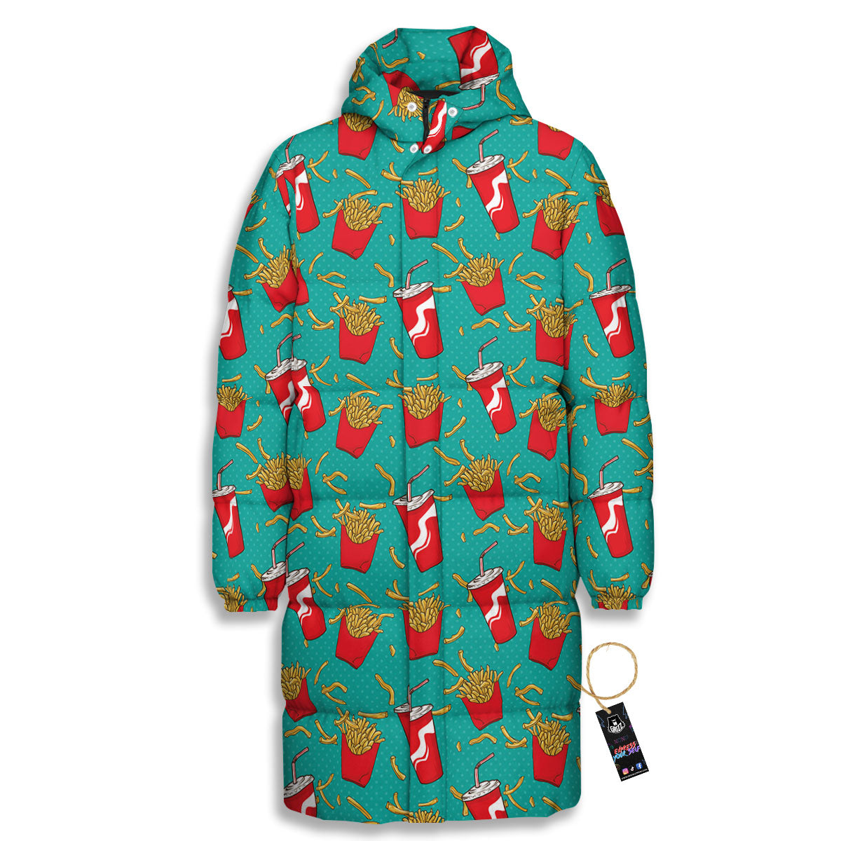 Cola And French Fries Print Pattern Long Down Jacket-grizzshop