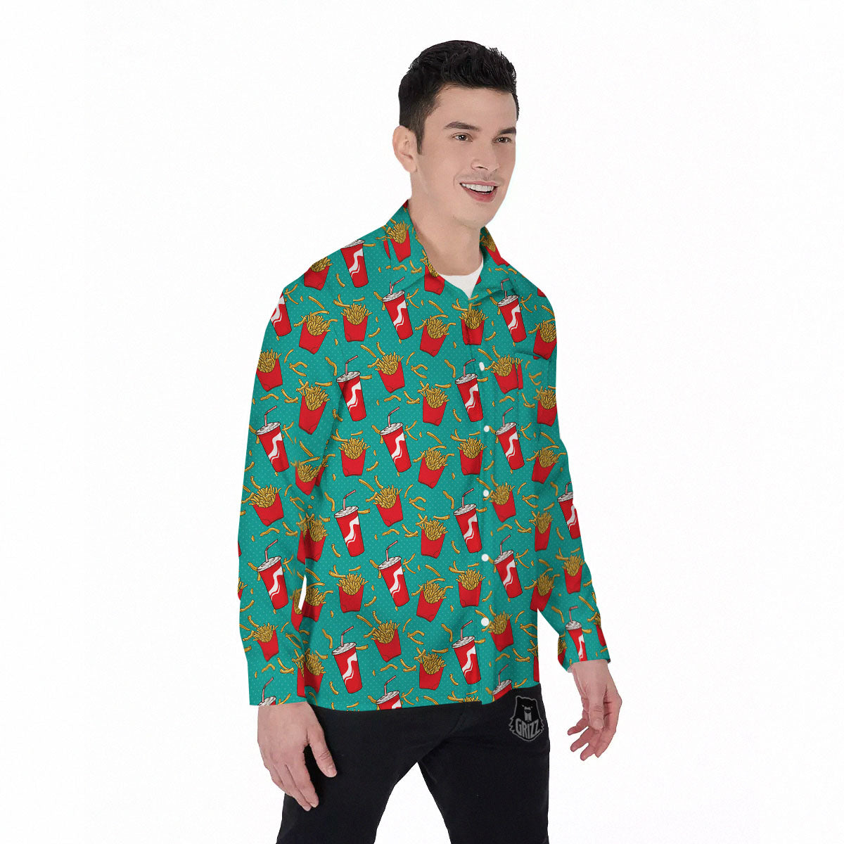 Cola And French Fries Print Pattern Men's Long Sleeve Shirts-grizzshop