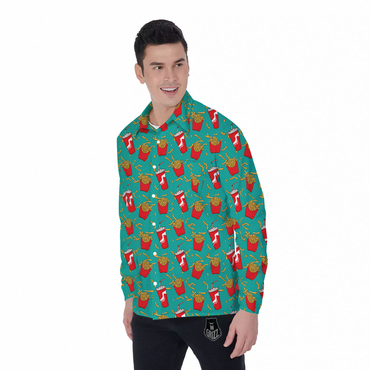 Cola And French Fries Print Pattern Men's Long Sleeve Shirts-grizzshop