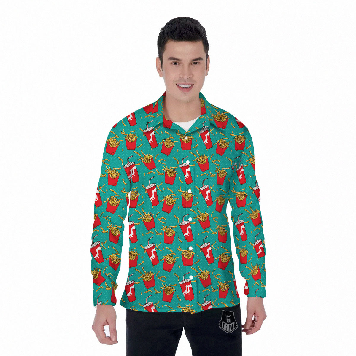 Cola And French Fries Print Pattern Men's Long Sleeve Shirts-grizzshop