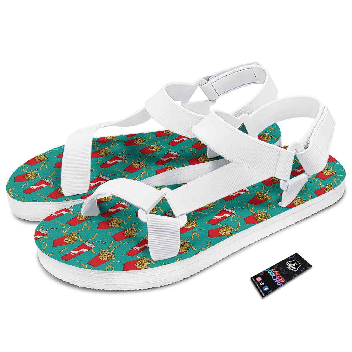 Cola And French Fries Print Pattern White Open Toe Sandals-grizzshop