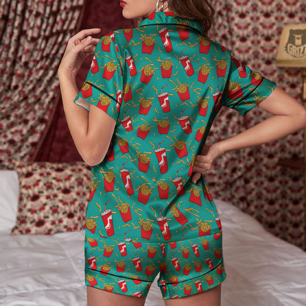 Cola And French Fries Print Pattern Women Silk Pajamas-grizzshop