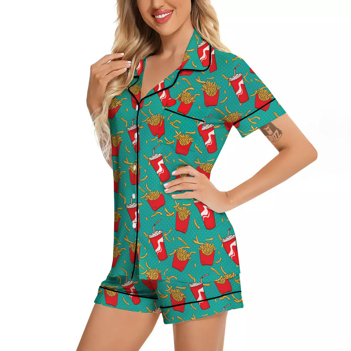 Cola And French Fries Print Pattern Women Silk Pajamas-grizzshop