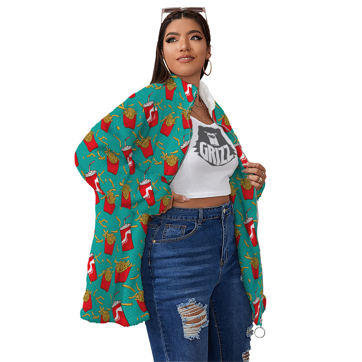 Cola And French Fries Print Pattern Women's Sherpa Jacket-grizzshop