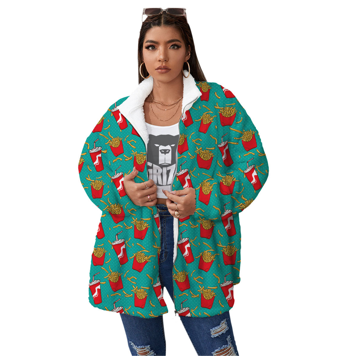 Cola And French Fries Print Pattern Women's Sherpa Jacket-grizzshop