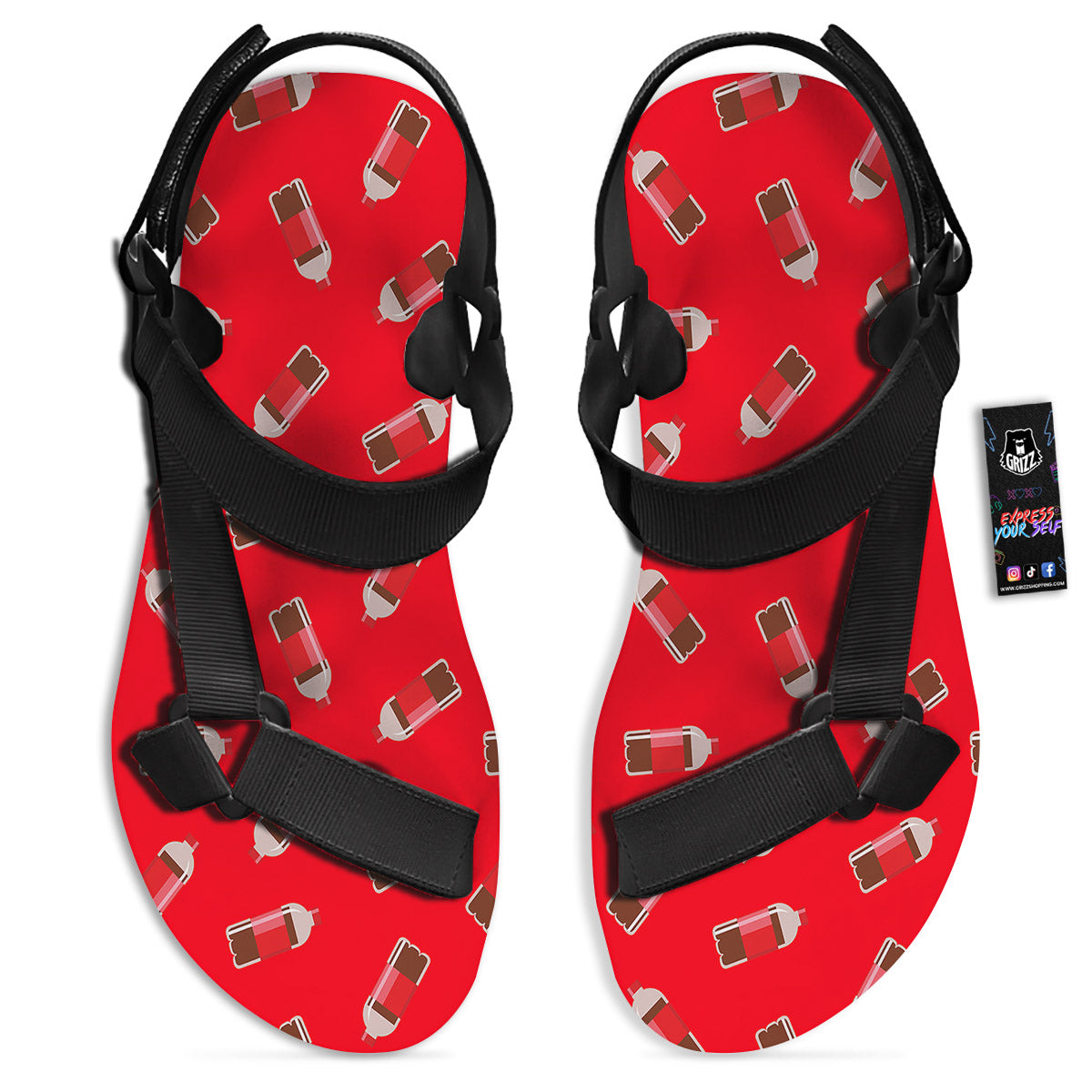 Cola Bottle Print Pattern Black Open Toe Sandals-grizzshop