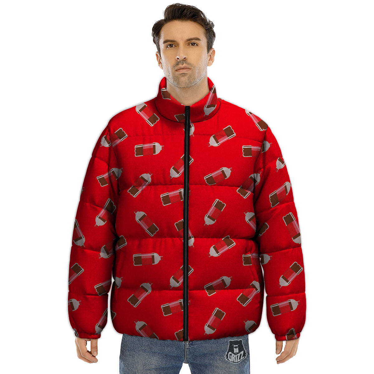 Cola Bottle Print Pattern Puffer Jacket-grizzshop