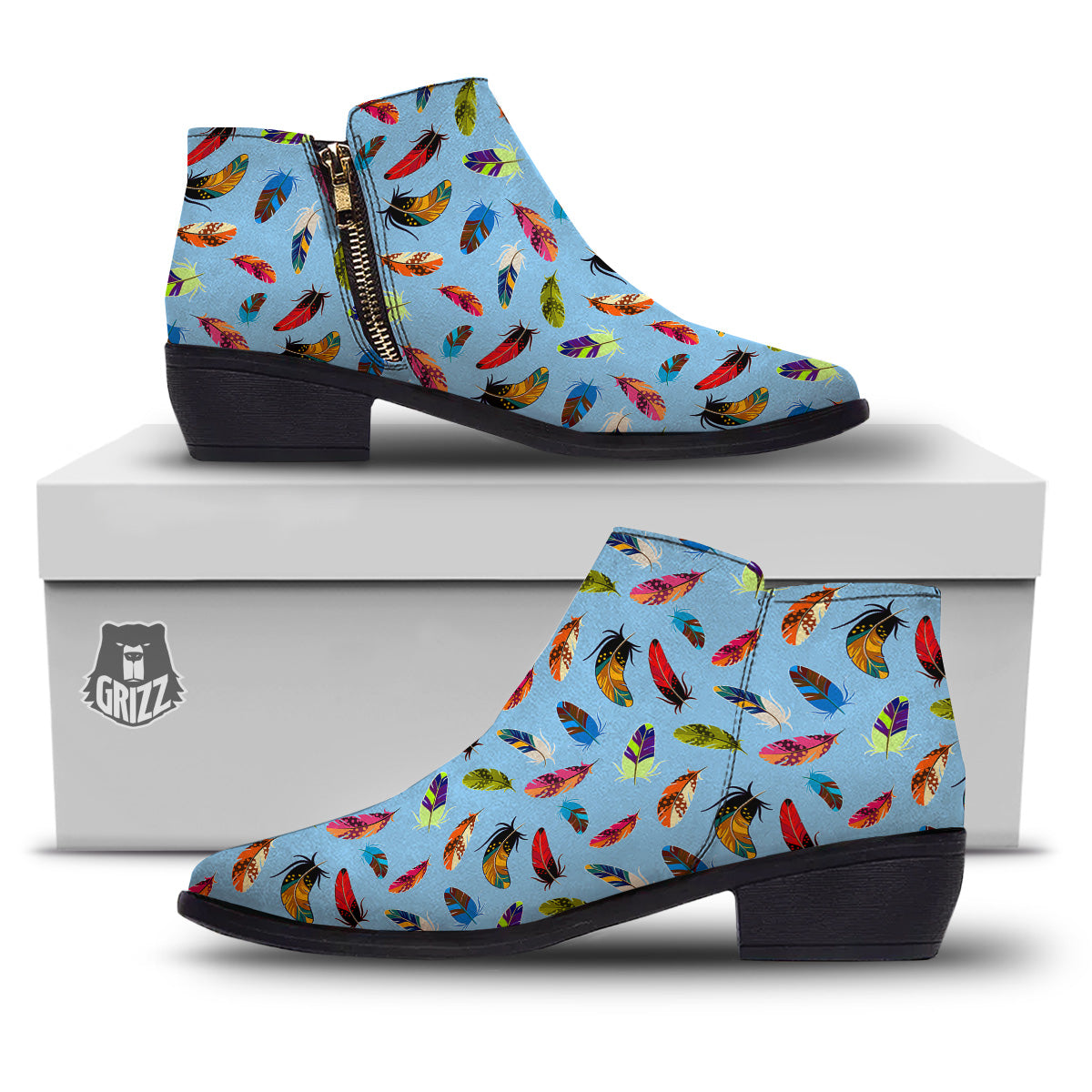 Colored Feathers Print Pattern Ankle Boots-grizzshop