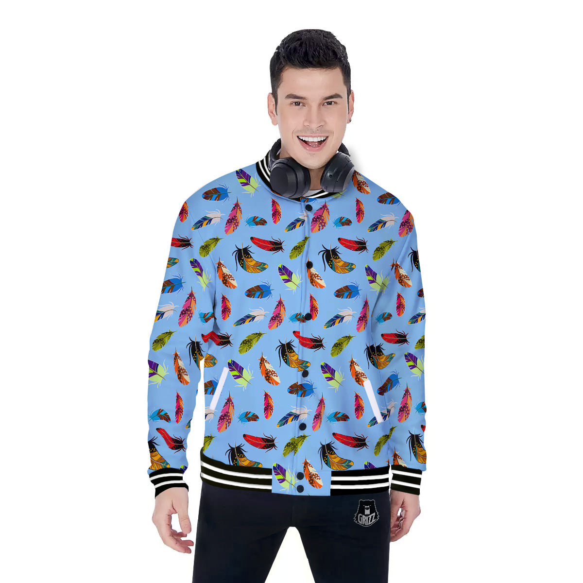 Colored Feathers Print Pattern Baseball Jacket-grizzshop