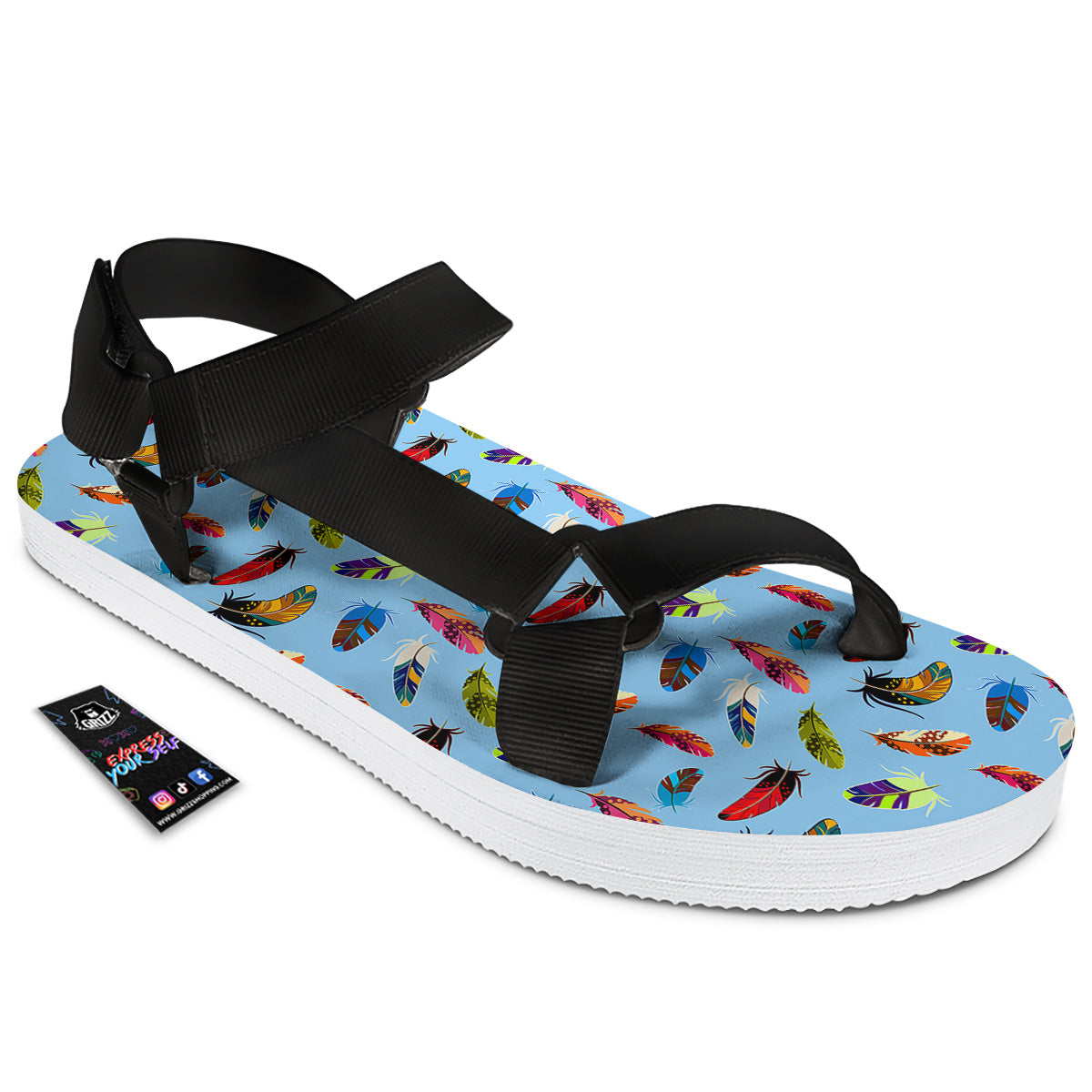 Colored Feathers Print Pattern Black Open Toe Sandals-grizzshop