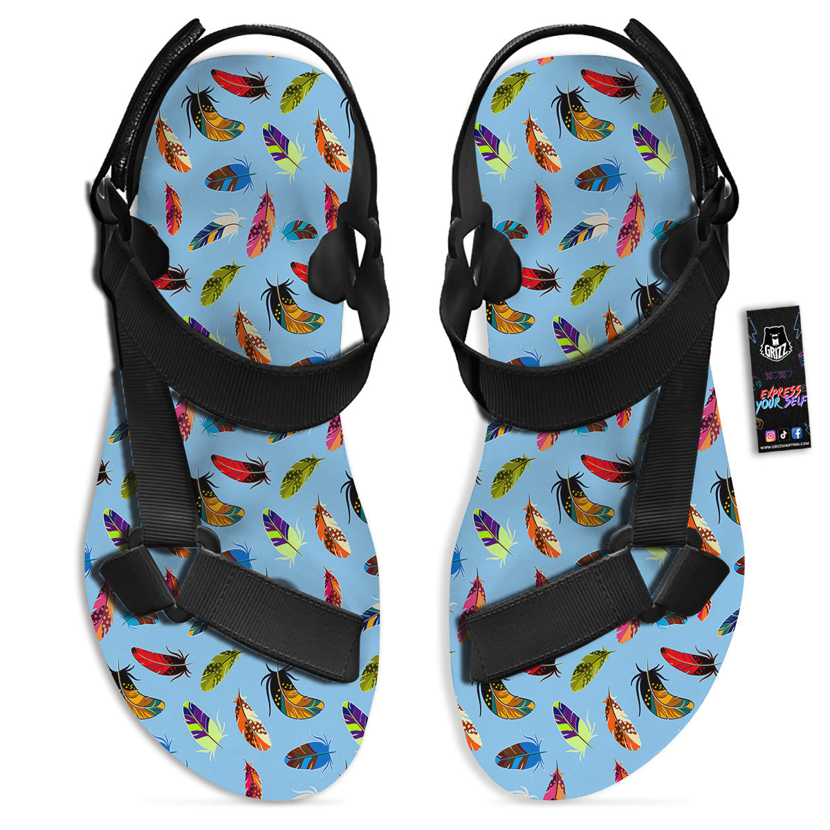 Colored Feathers Print Pattern Black Open Toe Sandals-grizzshop