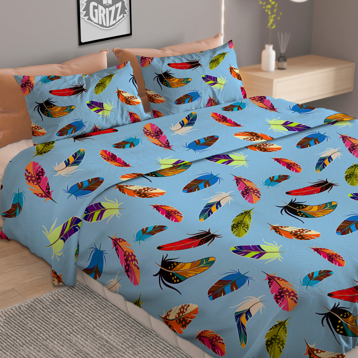 Colored Feathers Print Pattern Duvet Cover Bedding Set