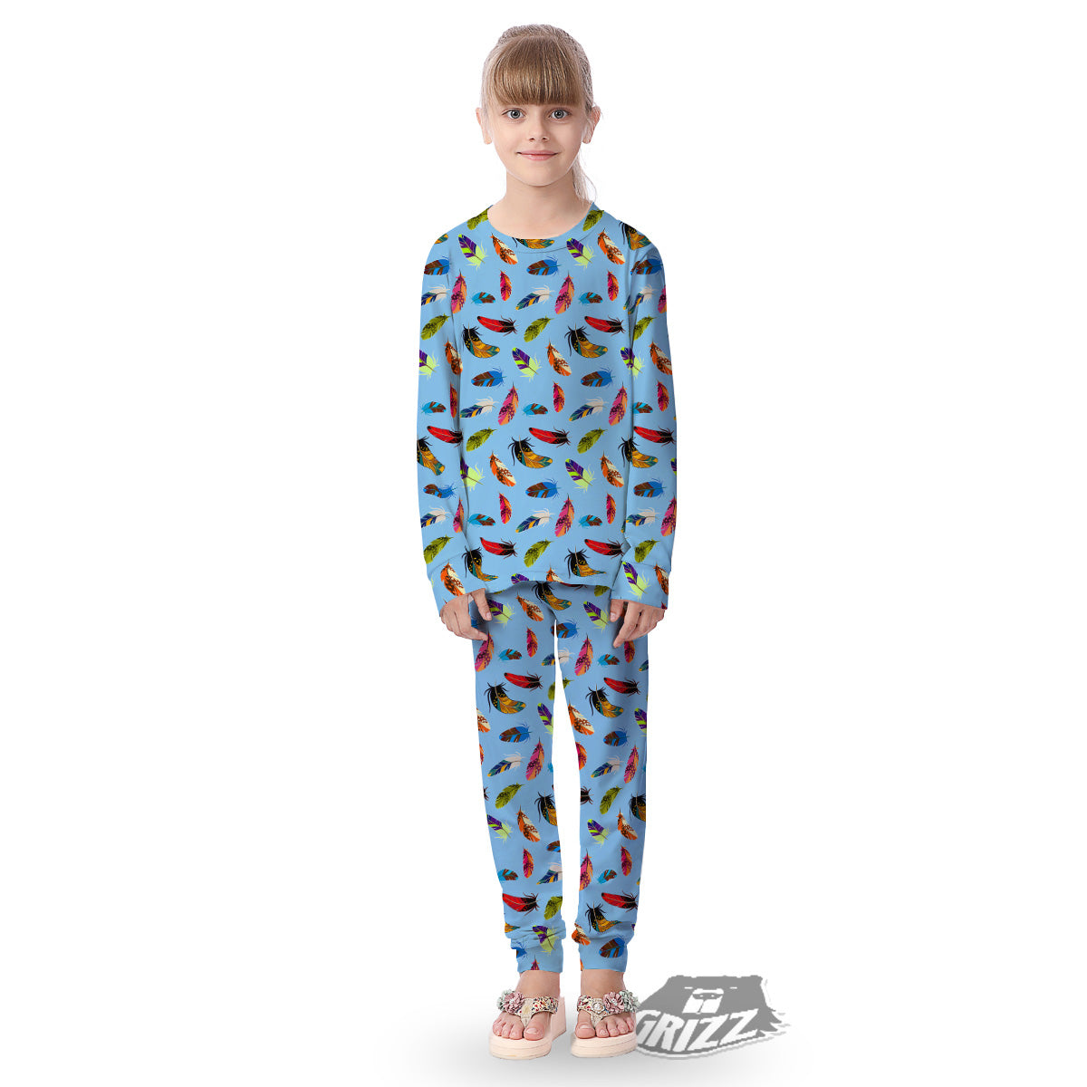 Colored Feathers Print Pattern Kid's Pajamas-grizzshop