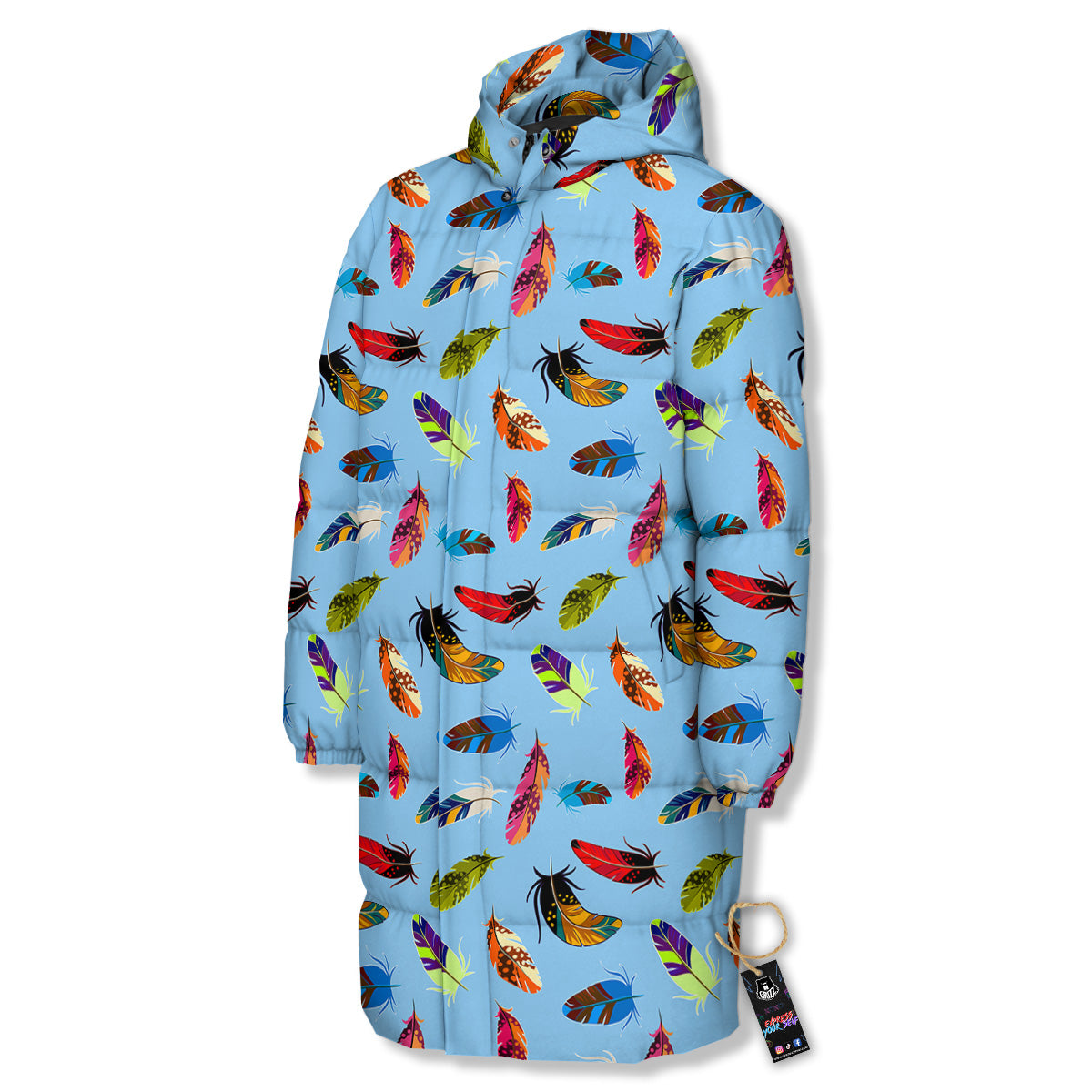 Colored Feathers Print Pattern Long Down Jacket-grizzshop
