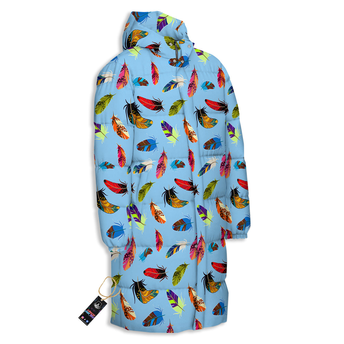 Colored Feathers Print Pattern Long Down Jacket-grizzshop