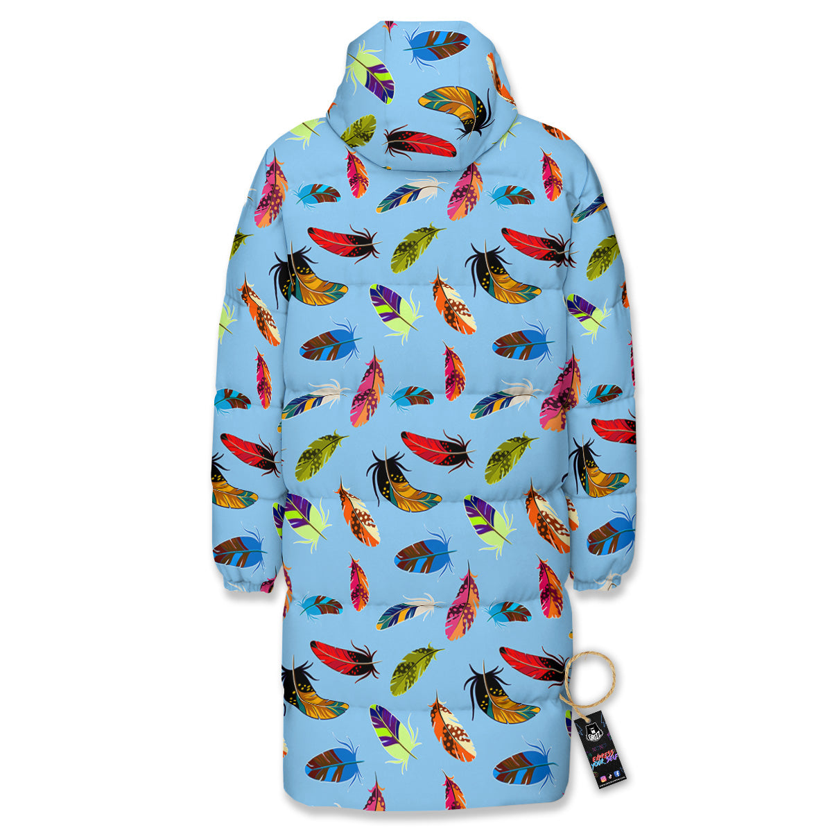 Colored Feathers Print Pattern Long Down Jacket-grizzshop