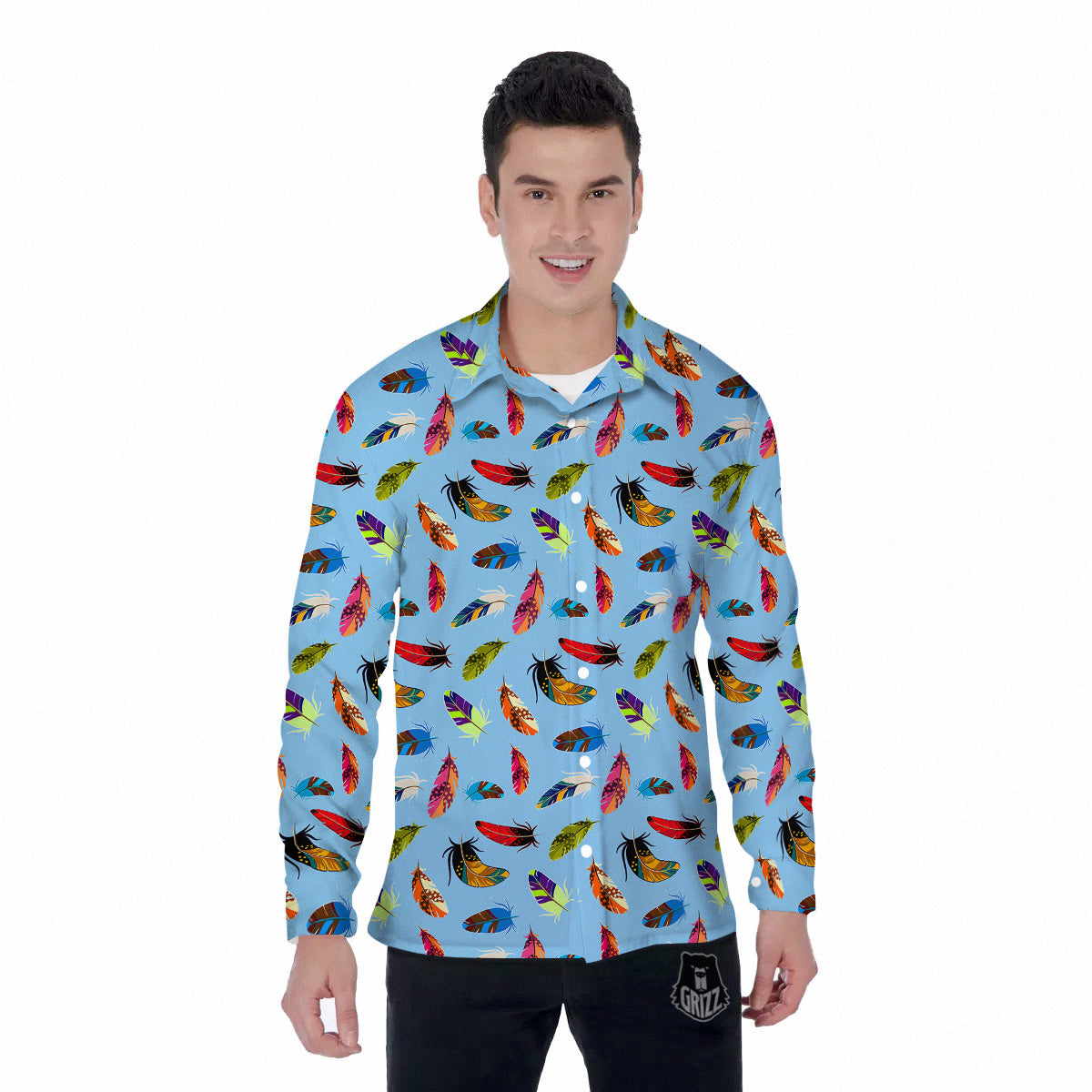 Colored Feathers Print Pattern Men's Long Sleeve Shirts-grizzshop