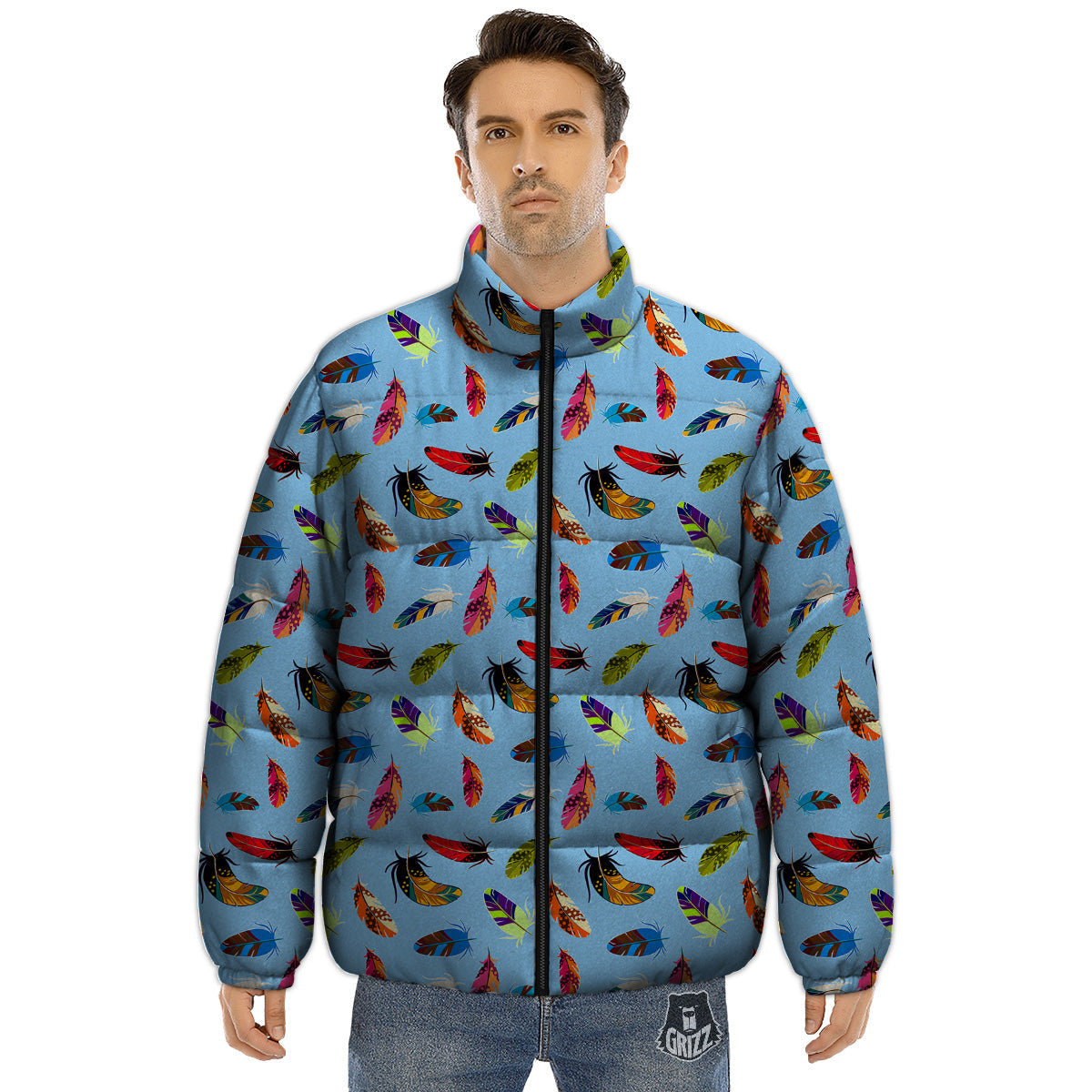 Colored Feathers Print Pattern Puffer Jacket-grizzshop