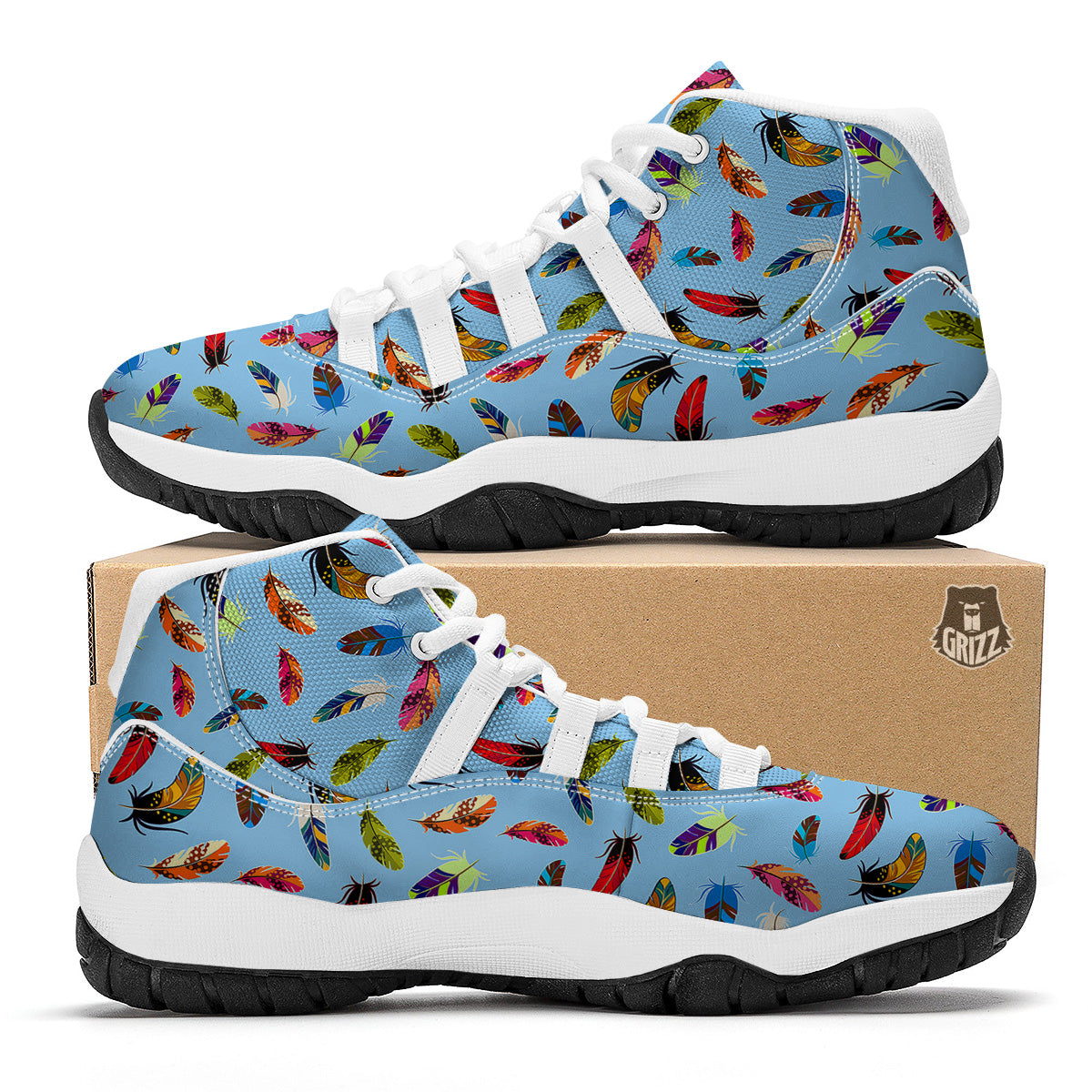Colored Feathers Print Pattern White Bball Shoes-grizzshop
