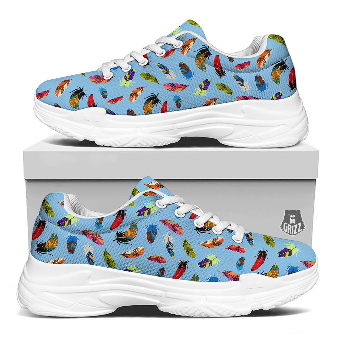 Colored Feathers Print Pattern White Chunky Shoes-grizzshop