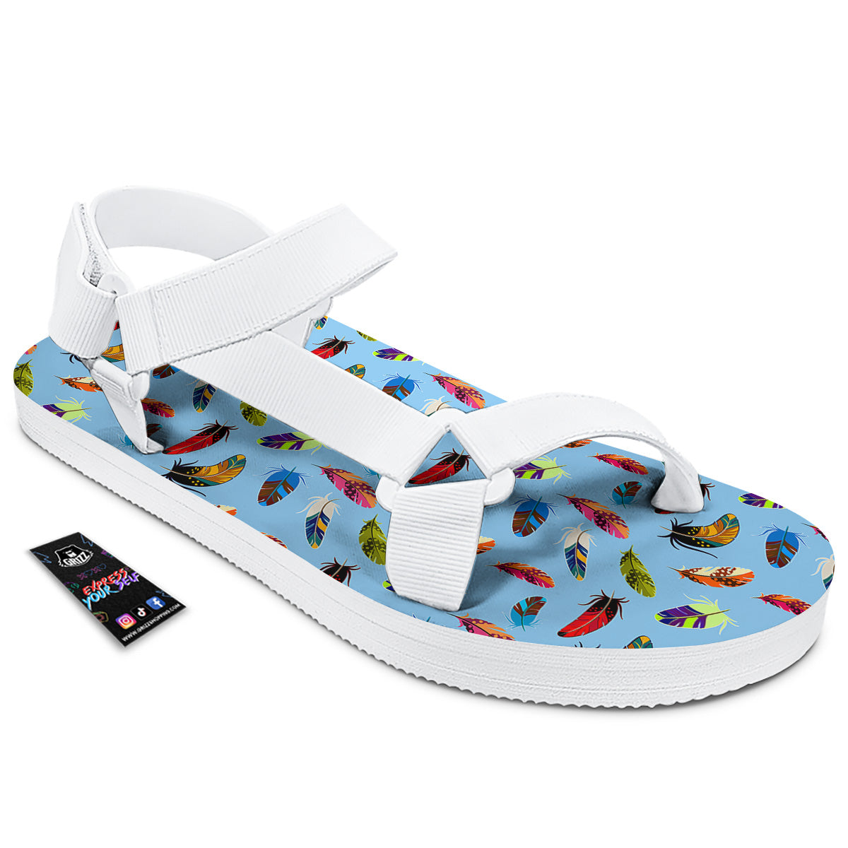 Colored Feathers Print Pattern White Open Toe Sandals-grizzshop