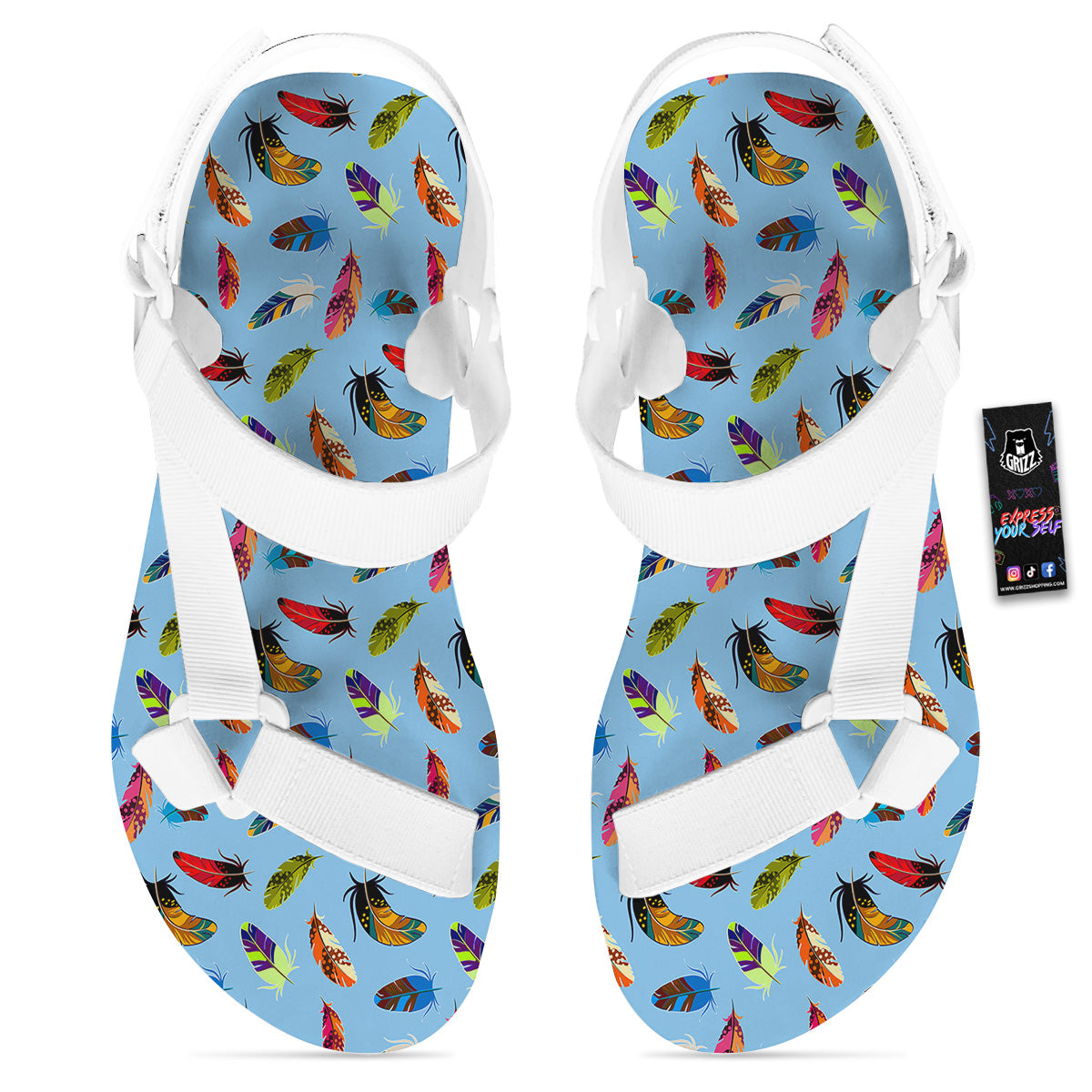 Colored Feathers Print Pattern White Open Toe Sandals-grizzshop