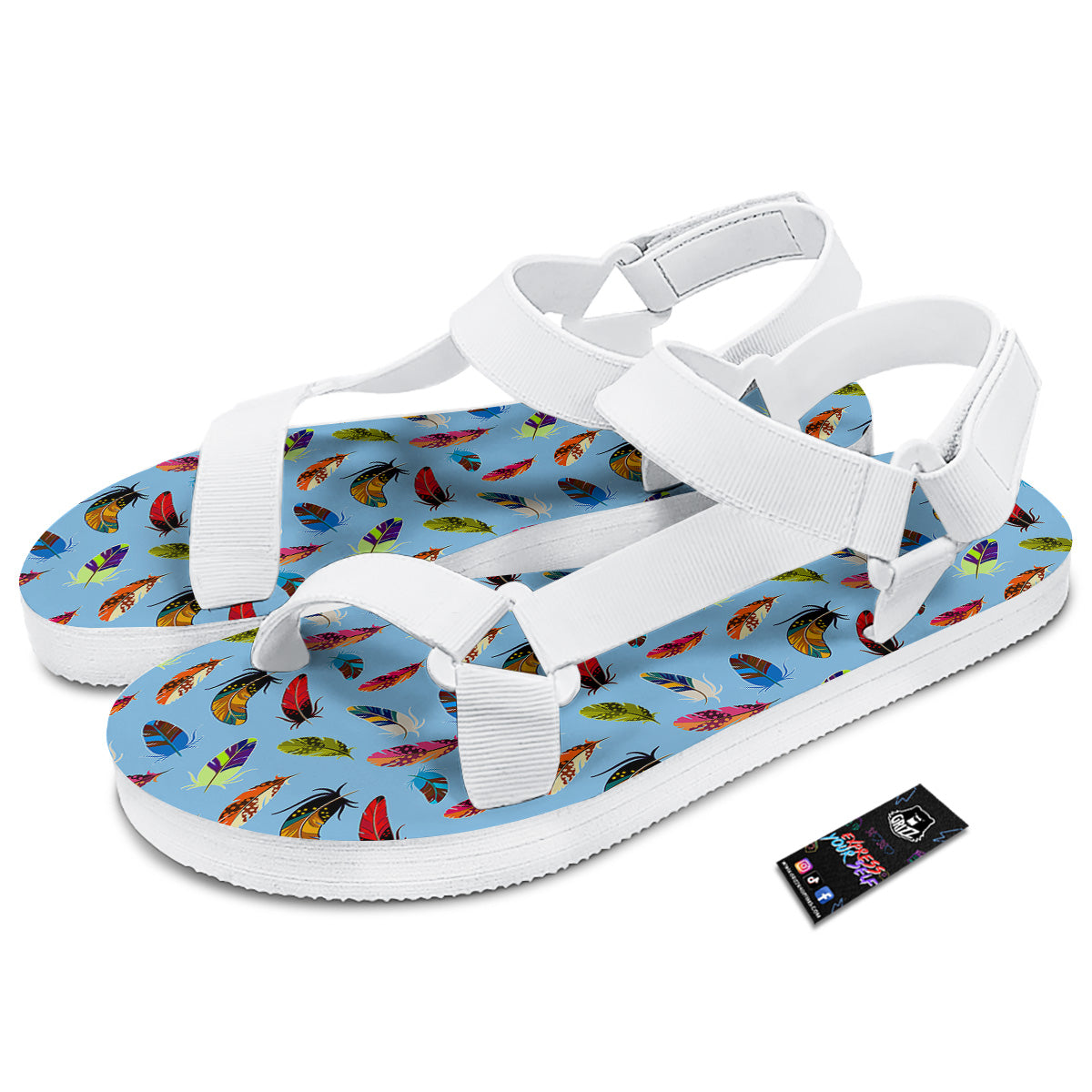 Colored Feathers Print Pattern White Open Toe Sandals-grizzshop